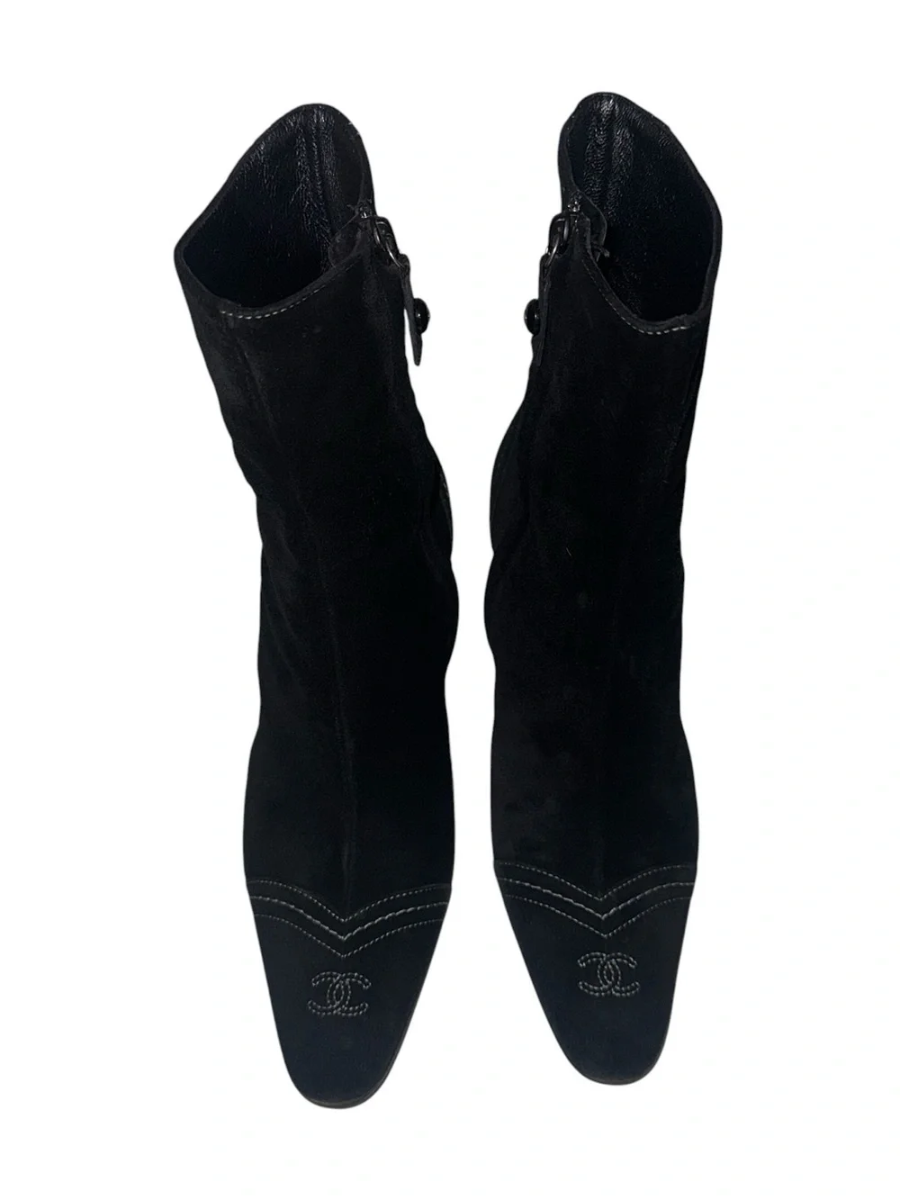 CHANEL CC Logo Black Suede Pointed Toe Stiletto Ankle Boots IT37